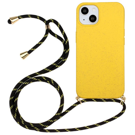 Soft TPU + Wheat Straw Hybrid Case for iPhone 14 6.1 inch, Drop-proof Phone Cover with Adjustable Lanyard - Yellow