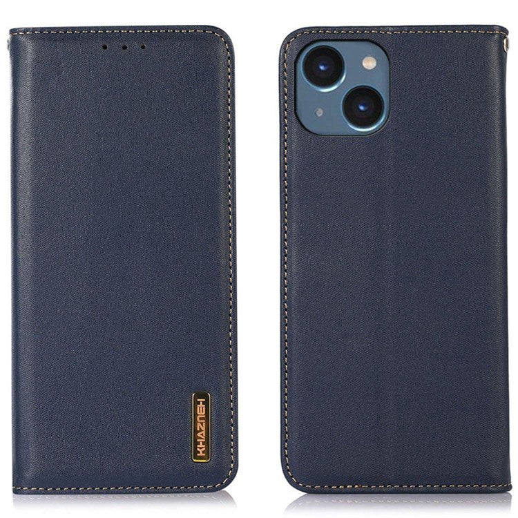 KHAZNEH Genuine Cowhide Leather Phone Case for iPhone 14 6.1 inch, Nappa Texture Stand Wallet Flip Folio Cover - Blue