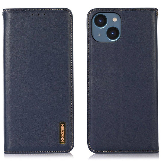KHAZNEH Genuine Cowhide Leather Phone Case for iPhone 14 6.1 inch, Nappa Texture Stand Wallet Flip Folio Cover - Blue