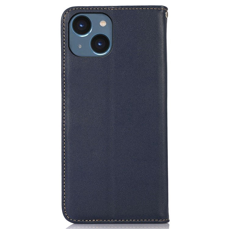 KHAZNEH Genuine Cowhide Leather Phone Case for iPhone 14 6.1 inch, Nappa Texture Stand Wallet Flip Folio Cover - Blue