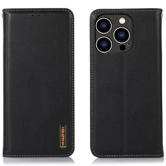KHAZNEH Genuine Cowhide Leather Wallet Cover for iPhone 14 Pro 6.1 inch, Nappa Texture Auto Closure Magnetic Stand Phone Case - Black