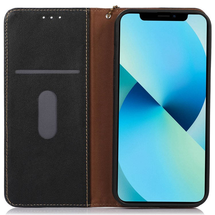 KHAZNEH Genuine Cowhide Leather Wallet Cover for iPhone 14 Pro 6.1 inch, Nappa Texture Auto Closure Magnetic Stand Phone Case - Black