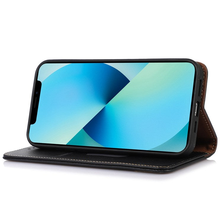 KHAZNEH Genuine Cowhide Leather Wallet Cover for iPhone 14 Pro 6.1 inch, Nappa Texture Auto Closure Magnetic Stand Phone Case - Black