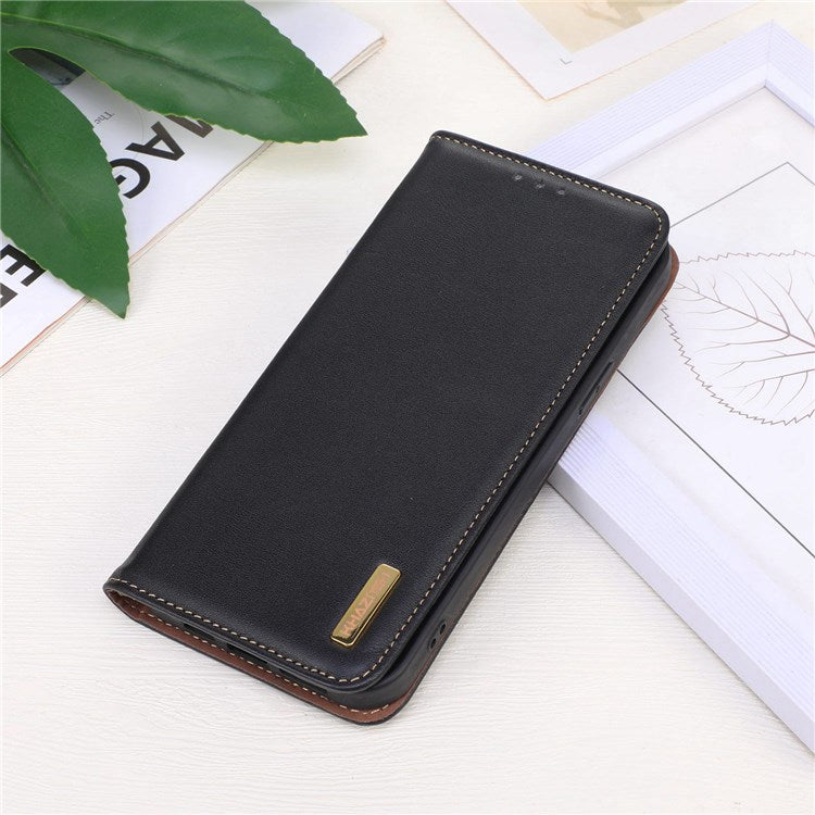 KHAZNEH Genuine Cowhide Leather Wallet Cover for iPhone 14 Pro 6.1 inch, Nappa Texture Auto Closure Magnetic Stand Phone Case - Black