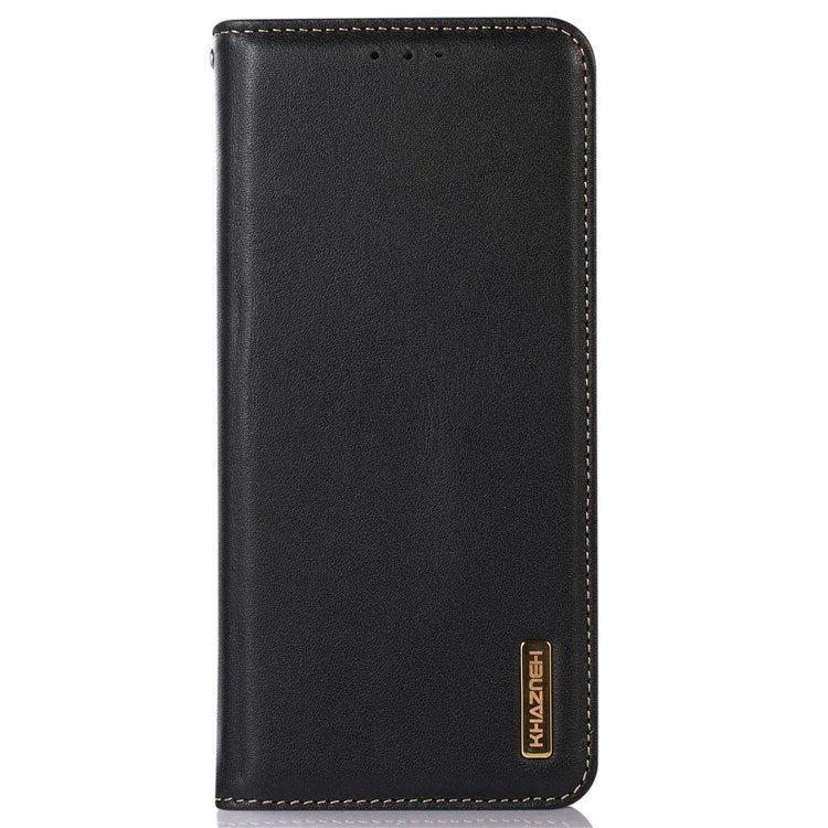 KHAZNEH Genuine Cowhide Leather Wallet Cover for iPhone 14 Pro 6.1 inch, Nappa Texture Auto Closure Magnetic Stand Phone Case - Black