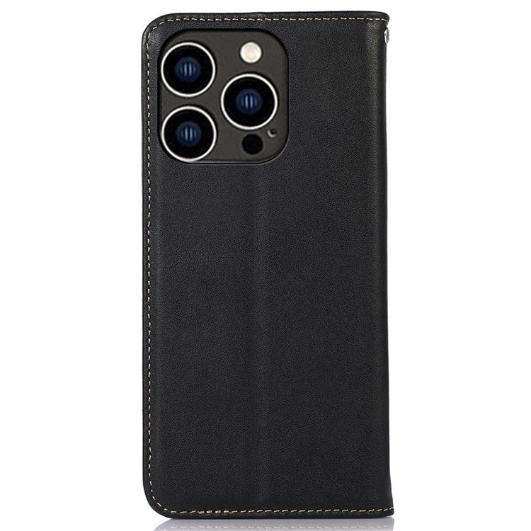 KHAZNEH Genuine Cowhide Leather Wallet Cover for iPhone 14 Pro 6.1 inch, Nappa Texture Auto Closure Magnetic Stand Phone Case - Black
