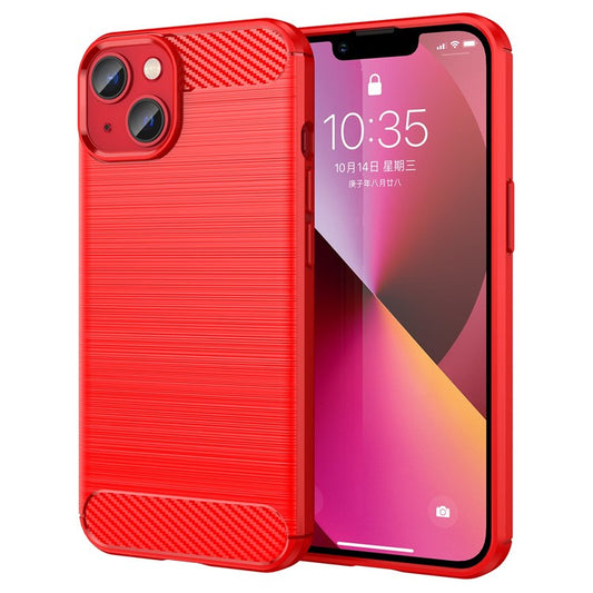 Protective Case for iPhone 14 6.1 inch Brushed Carbon Fiber Texture TPU Cover Anti-Drop Cell Phone Case - Red
