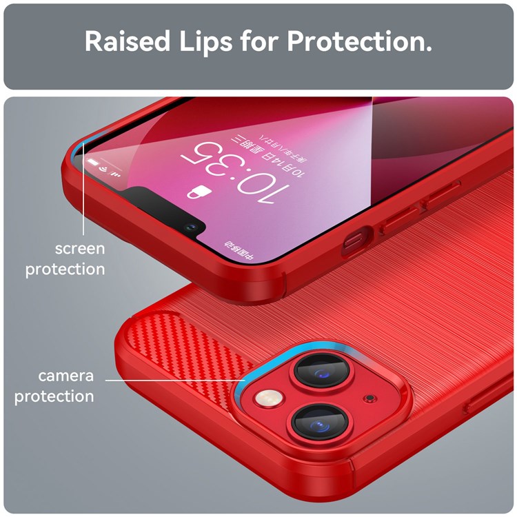 Protective Case for iPhone 14 6.1 inch Brushed Carbon Fiber Texture TPU Cover Anti-Drop Cell Phone Case - Red
