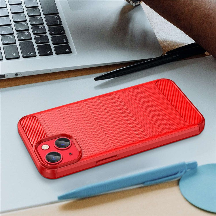Protective Case for iPhone 14 6.1 inch Brushed Carbon Fiber Texture TPU Cover Anti-Drop Cell Phone Case - Red