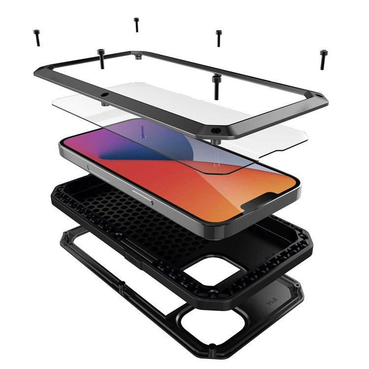 For iPhone 14 6.1 inch Shockproof Full Body Protection Phone Case Hybrid Cover with Tempered Glass Screen Protector - Black