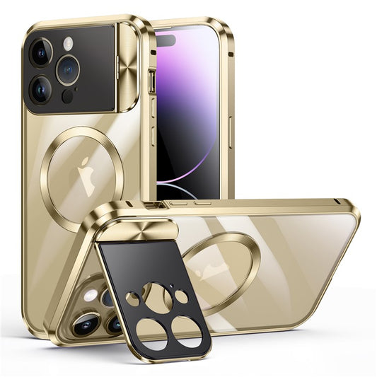 Kickstand Case for iPhone 14 Pro Tempered Glass+Aluminum Alloy+PC Phone Cover Compatible with MagSafe - Gold