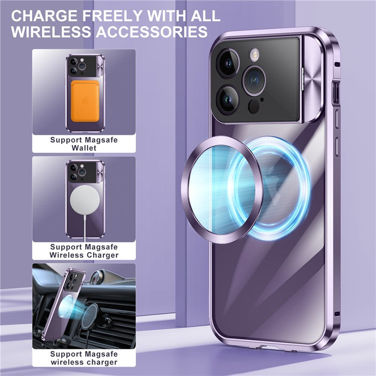 Kickstand Case for iPhone 14 Pro Tempered Glass+Aluminum Alloy+PC Phone Cover Compatible with MagSafe - Gold