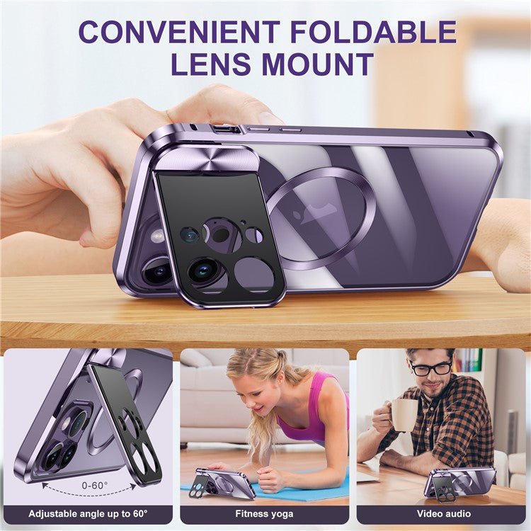 Kickstand Case for iPhone 14 Pro Tempered Glass+Aluminum Alloy+PC Phone Cover Compatible with MagSafe - Gold