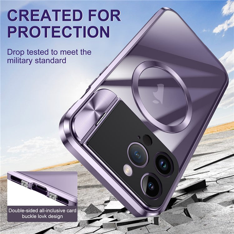 Kickstand Case for iPhone 14 Pro Tempered Glass+Aluminum Alloy+PC Phone Cover Compatible with MagSafe - Gold