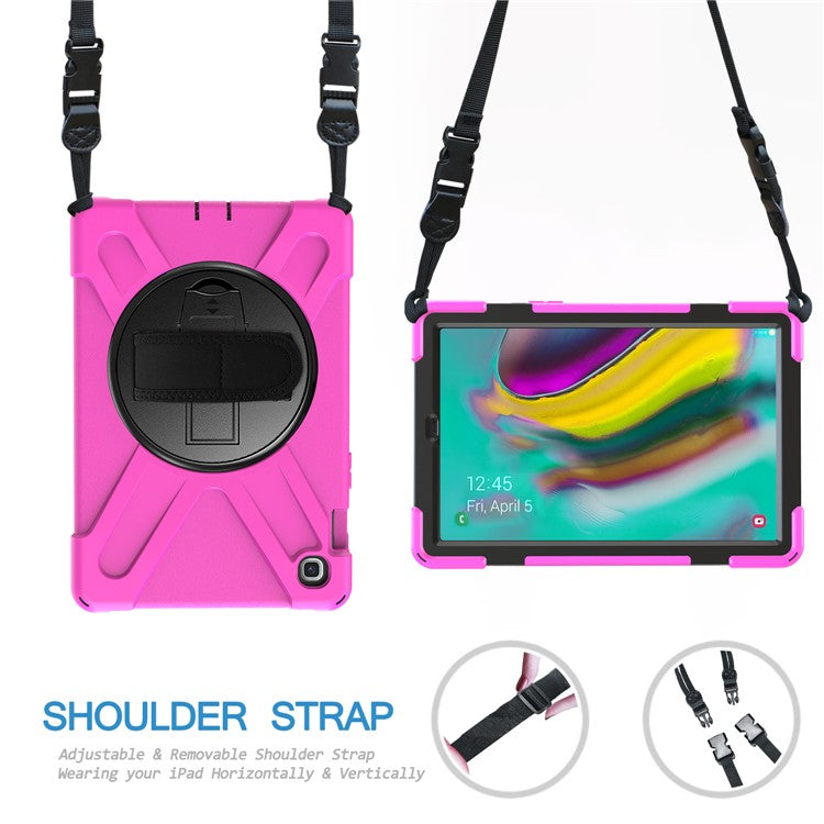 X-Shape 360 Degree Swivel PC + Silicone Combo Kickstand Shell with Shoulder Strap for Samsung Galaxy Tab S5e SM-T720 - Rose