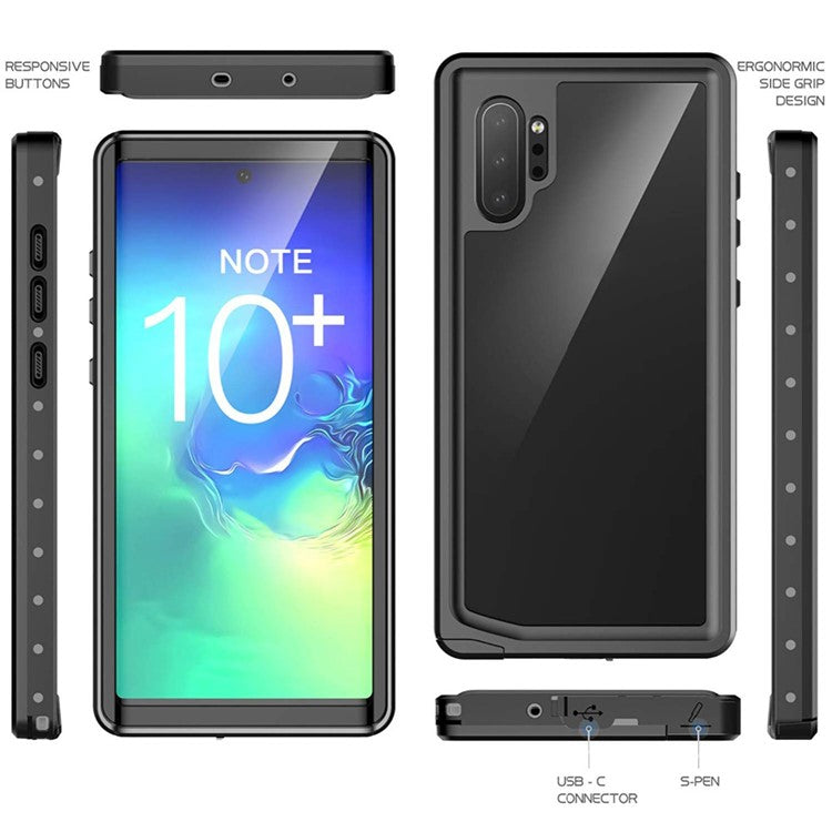REDPEPPER IP68 Waterproof Phone Case for Samsung Galaxy Note 10 Plus [Support Fingerprint Unlock] [Clear Back] - Black
