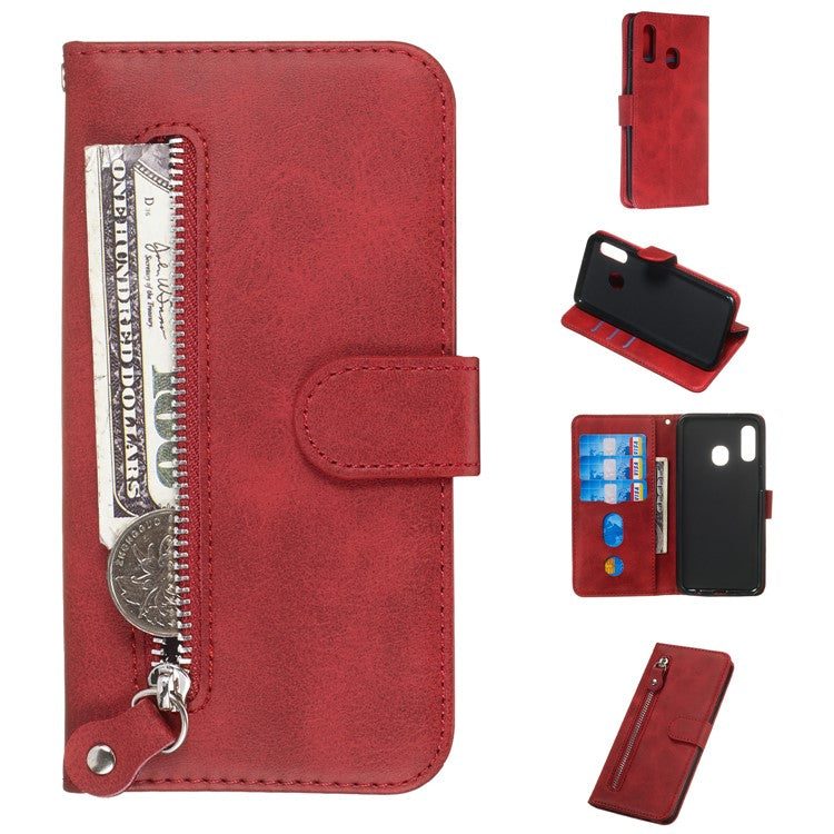 Zipper Pocket Wallet Stand Flip Leather Phone Shell for Samsung Galaxy A20e - Red