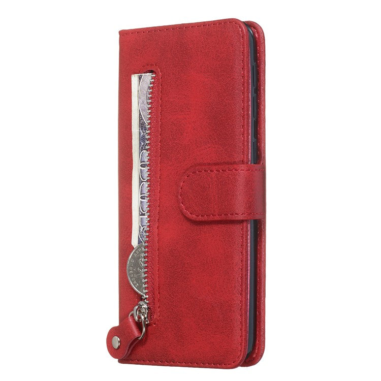 Zipper Pocket Wallet Stand Flip Leather Phone Shell for Samsung Galaxy A20e - Red