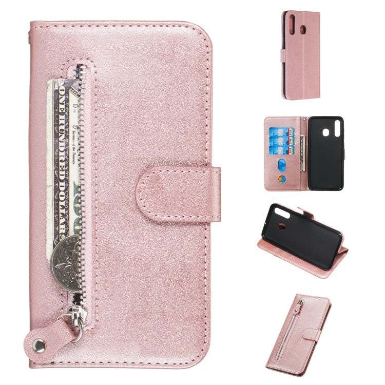 Zipper Pocket Leather Wallet Stand Case for Samsung Galaxy A20/A30 - Rose Gold