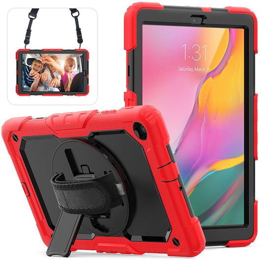 PC Silicone Kickstand Case with Strap Screen Protector for Samsung Galaxy Tab A 10.1 (2019) SM-T510/T515 - Red/Black