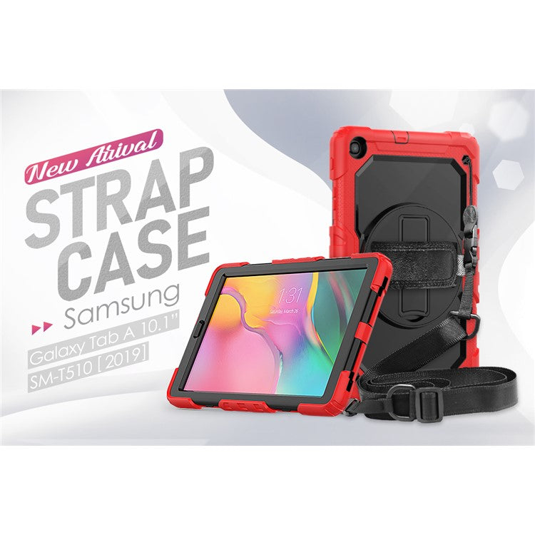 PC Silicone Kickstand Case with Strap Screen Protector for Samsung Galaxy Tab A 10.1 (2019) SM-T510/T515 - Red/Black