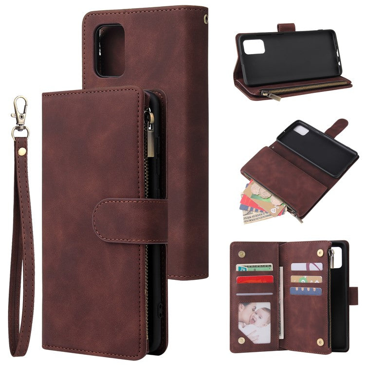 Zipper Pocket Leather Wallet Case for Samsung Galaxy A51 - Coffee