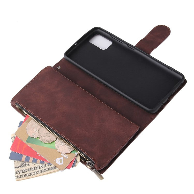 Zipper Pocket Leather Wallet Case for Samsung Galaxy A51 - Coffee