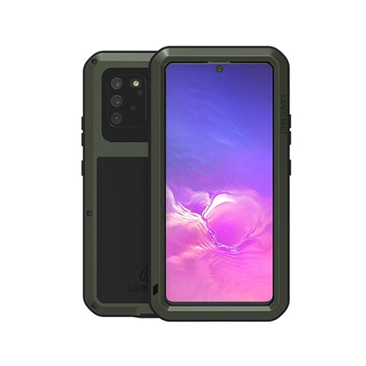 LOVE MEI Dust-proof Silicone+Metal+Tempered Glass Defender Shell for Samsung Galaxy A91/S10 Lite - Army Green
