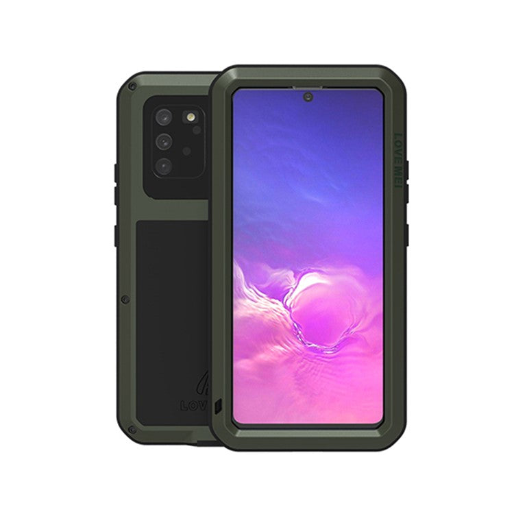 LOVE MEI Dust-proof Silicone+Metal+Tempered Glass Defender Shell for Samsung Galaxy A91/S10 Lite - Army Green