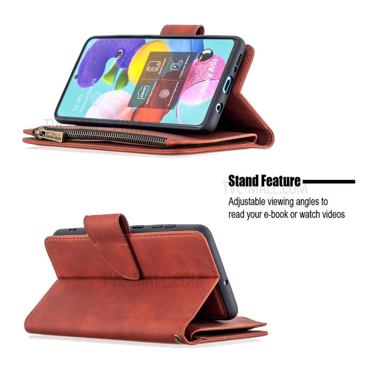 Zipper Stylish Style Leather Unique Shell for Samsung Galaxy A51 SM-A515 - Brown