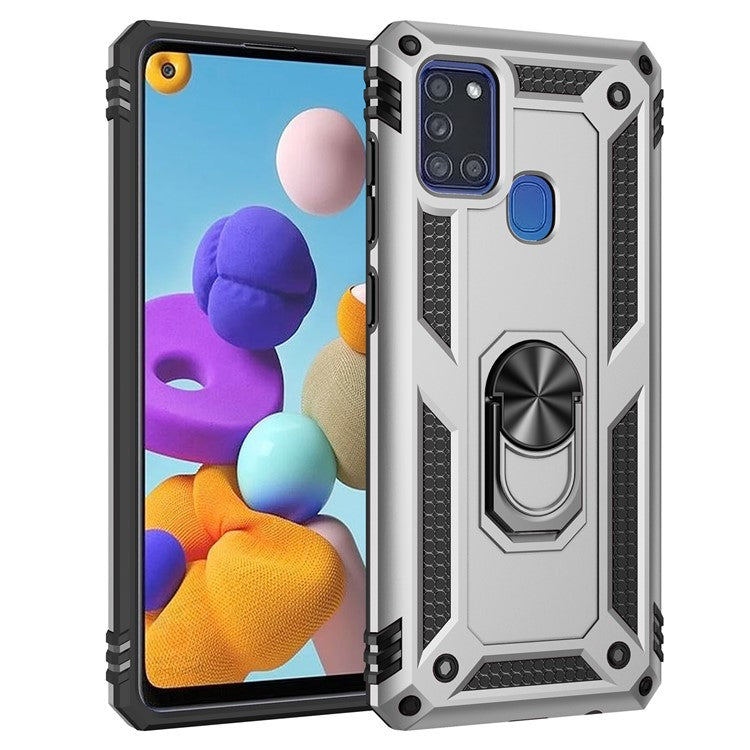 With Ring Kickstand Armor Case PC TPU Stylish Cover for Samsung Galaxy A21s - Silver