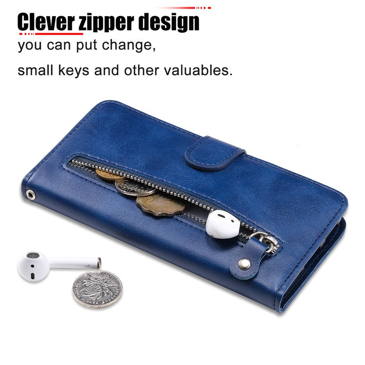 Zipper Pocket Wallet Leather Stand Case for Huawei P40 Lite 5G/nova 7 SE - Blue