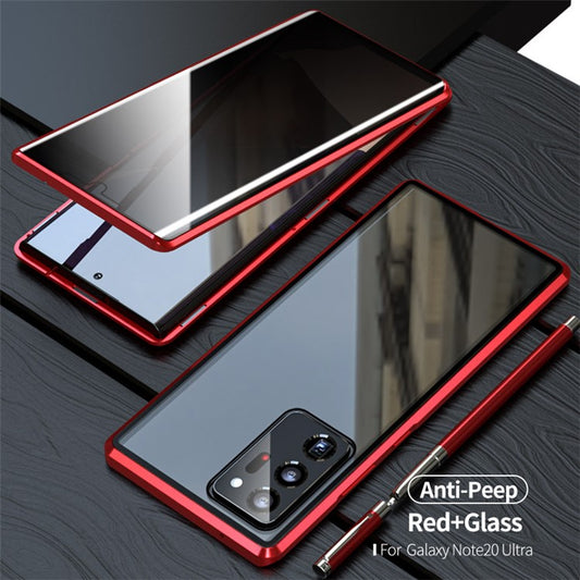 Magnetic Metal Frame + Double-sided Tempered Glass Case Anti-peep Shell for Samsung Galaxy Note20 Ultra/Note20 Ultra 5G - Red