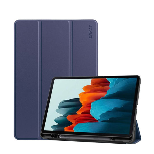 ENKAY HAT PRINCE ENK-8011 Tri-fold Stand PU Leather Smart Cover with Pen Slot for Samsung Galaxy Tab S7 11.0 T870 / T875 / S8 - Dark Blue