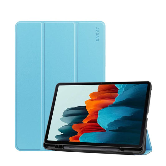 ENKAY HAT PRINCE ENK-8011 Tri-fold Stand PU Leather Smart Cover with Pen Slot for Samsung Galaxy Tab S7 11.0 T870 / T875 / S8 - Baby Blue