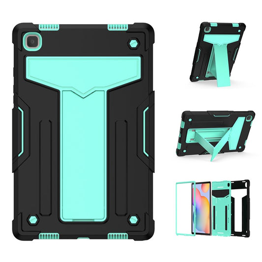 Foldable T-shaped Kickstand Anti-dust PC Silicone Tablet Cover for Samsung Galaxy Tab A7 10.4 (2020) / (2022) - Black / Cyan