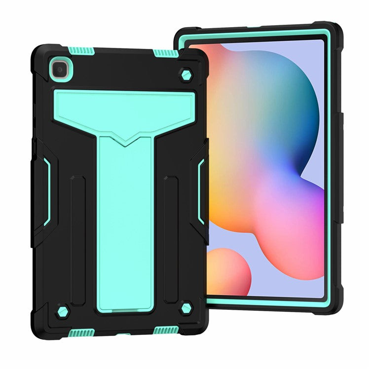 Foldable T-shaped Kickstand Anti-dust PC Silicone Tablet Cover for Samsung Galaxy Tab A7 10.4 (2020) / (2022) - Black / Cyan