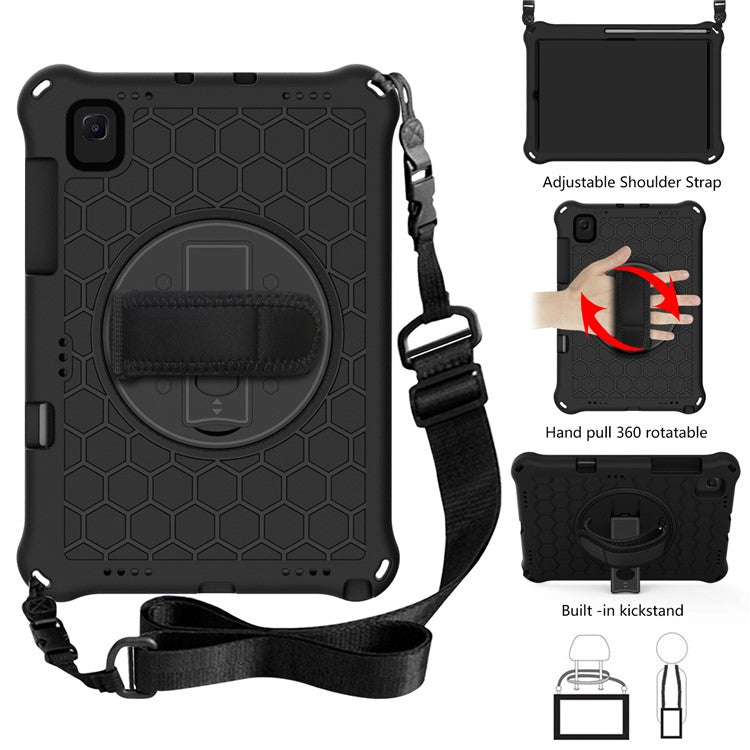 Honeycomb Texture 360 Degree Swivel Kickstand Tablet Cover Case with Shoulder Strap for Samsung Galaxy Tab S6 Lite P610/P615/S6 Lite (2022) - Black/Black