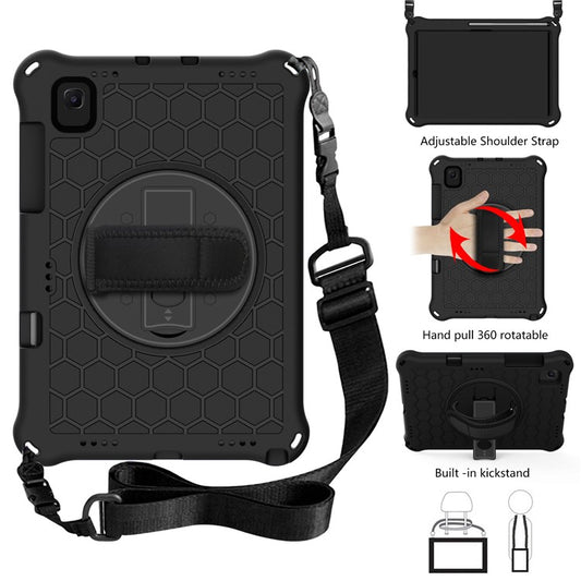 Honeycomb Texture 360 Degree Swivel Kickstand Tablet Cover Case with Shoulder Strap for Samsung Galaxy Tab S6 Lite P610/P615/S6 Lite (2022) - Black/Black