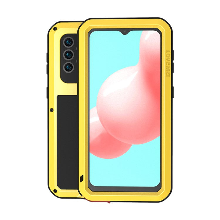 LOVE MEI Shockproof Dropproof Dustproof Powerful Phone Case for Samsung Galaxy A32 5G/M32 5G [Metal+Silicone+Tempered Glass] - Yellow