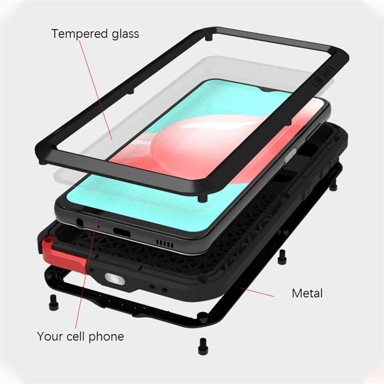 LOVE MEI Shockproof Dropproof Dustproof Powerful Phone Case for Samsung Galaxy A32 5G/M32 5G [Metal+Silicone+Tempered Glass] - Yellow