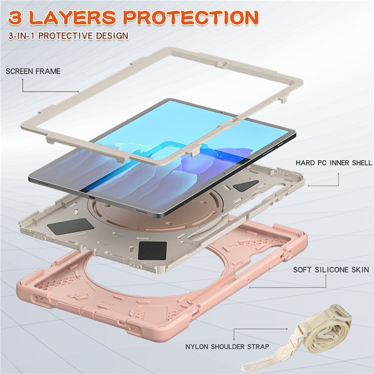 PC + Silicone 360 Degree Swivel Kickstand Case with Shoulder Strap for Samsung Galaxy Tab S9 FE+ / S9+ / S8+ / S7+ T970 / T975 - Pink / White