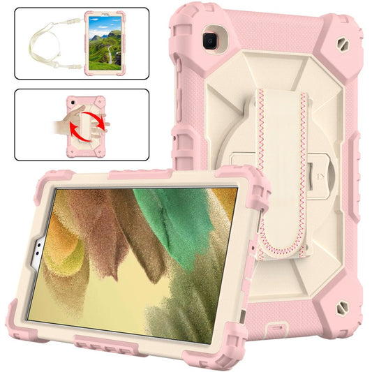 For Samsung Galaxy Tab A7 Lite 8.7-inch T225/T220 (2021) Tablet Case Hand Strap Kickstand PC + TPU + Silicone Contrast Color Protective Cover - Rose Gold/Beige