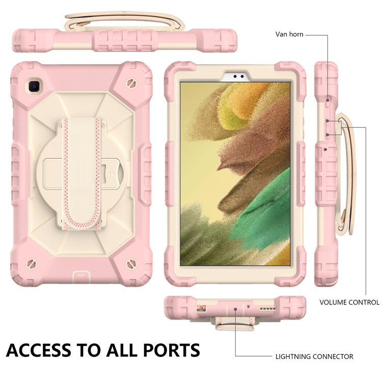 For Samsung Galaxy Tab A7 Lite 8.7-inch T225/T220 (2021) Tablet Case Hand Strap Kickstand PC + TPU + Silicone Contrast Color Protective Cover - Rose Gold/Beige