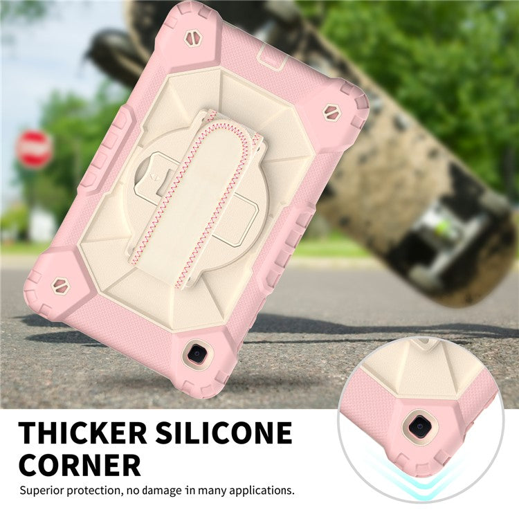 For Samsung Galaxy Tab A7 Lite 8.7-inch T225/T220 (2021) Tablet Case Hand Strap Kickstand PC + TPU + Silicone Contrast Color Protective Cover - Rose Gold/Beige