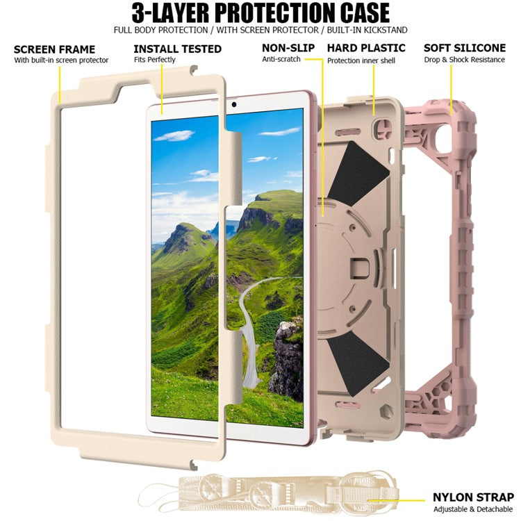 For Samsung Galaxy Tab A7 Lite 8.7-inch T225/T220 (2021) Tablet Case Hand Strap Kickstand PC + TPU + Silicone Contrast Color Protective Cover - Rose Gold/Beige