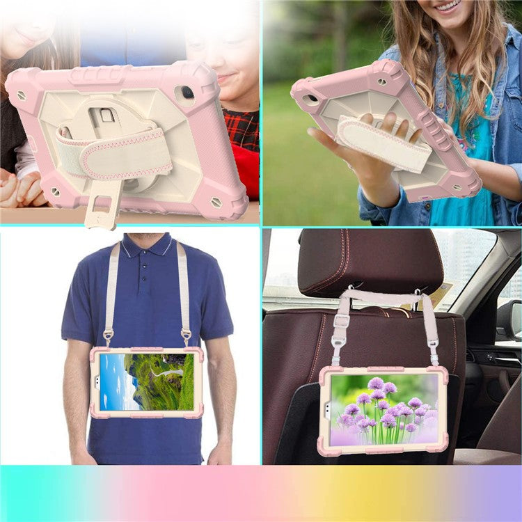 For Samsung Galaxy Tab A7 Lite 8.7-inch T225/T220 (2021) Tablet Case Hand Strap Kickstand PC + TPU + Silicone Contrast Color Protective Cover - Rose Gold/Beige