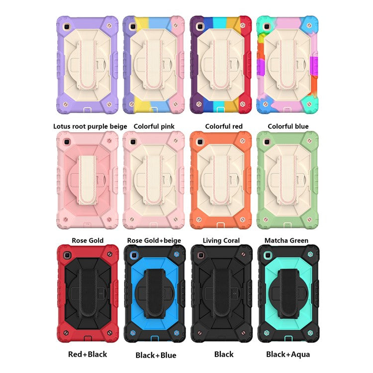 For Samsung Galaxy Tab A7 Lite 8.7-inch T225/T220 (2021) Tablet Case Hand Strap Kickstand PC + TPU + Silicone Contrast Color Protective Cover - Rose Gold/Beige