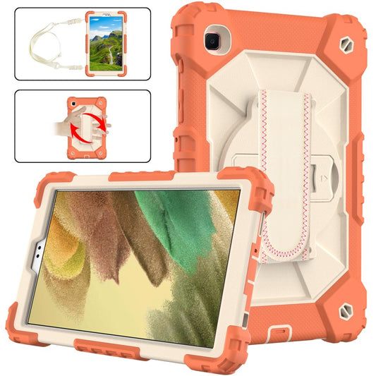 For Samsung Galaxy Tab A7 Lite 8.7-inch T225/T220 (2021) Tablet Case Hand Strap Kickstand PC + TPU + Silicone Contrast Color Protective Cover - Coral