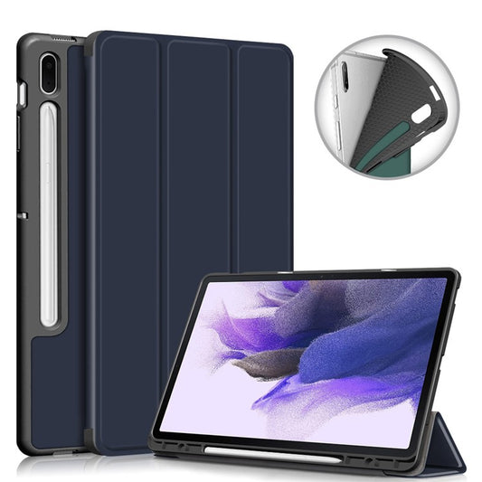 Tri-fold Stand Design TPU + PU Leather Cover with Pen Slot for Samsung Galaxy Tab S7 FE T736 / Tab S7+ / Tab S8+ - Dark Blue